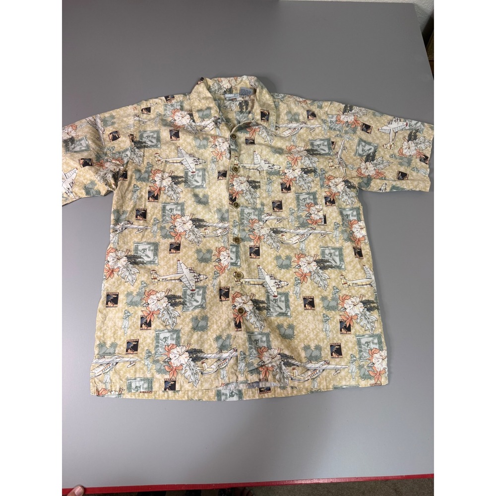 Vintage Ocean Pacific OP Sport Pan Am Airplane Hawaiian Shirt Mens Medium Yellow